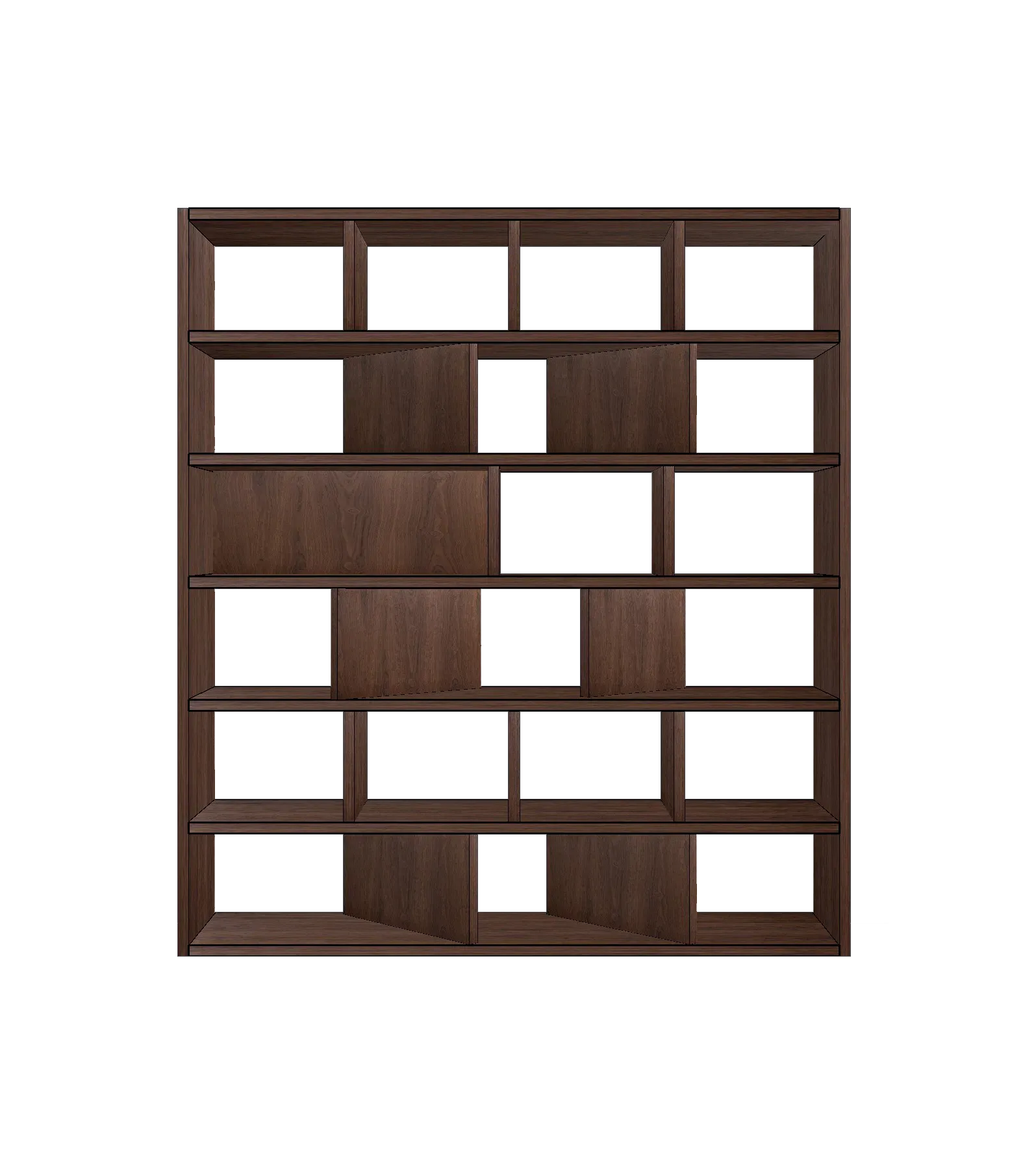 Estantería asimétrica en madera de nogal.