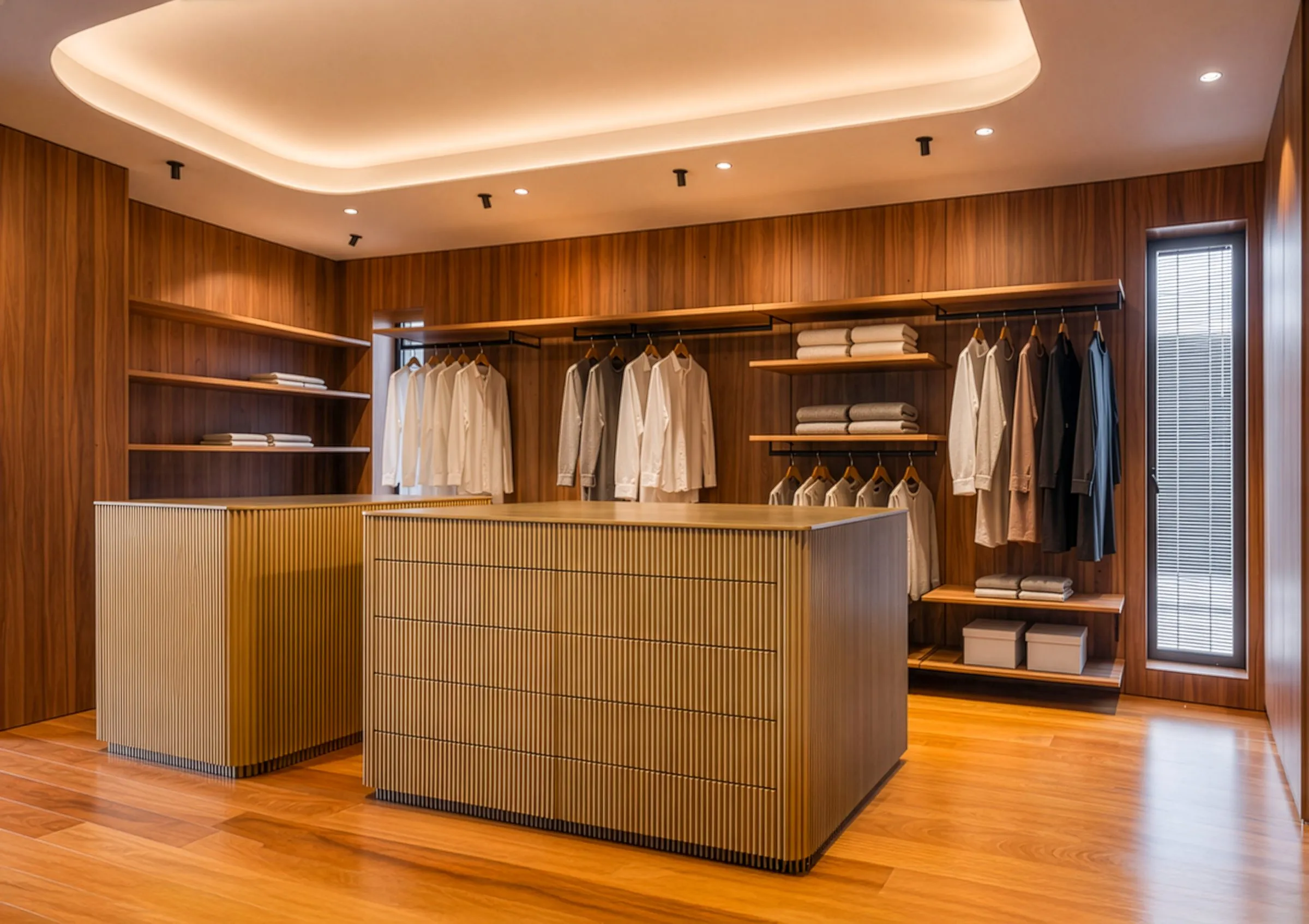 Vestidor panelado en nogal con isla central de cajones e iluminación perimetral